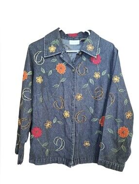 Women's Black Denim Floral Plus Size Jacket~1XL